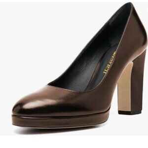 miss left Brown Platform Closed Almond Toe Pumps Classic Slip On Block Heel Shoe